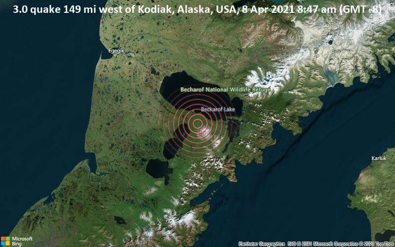 3.0 quake 149 mi west of Kodiak, Alaska, USA, 8 Apr 2021 8:47 am (GMT -8)