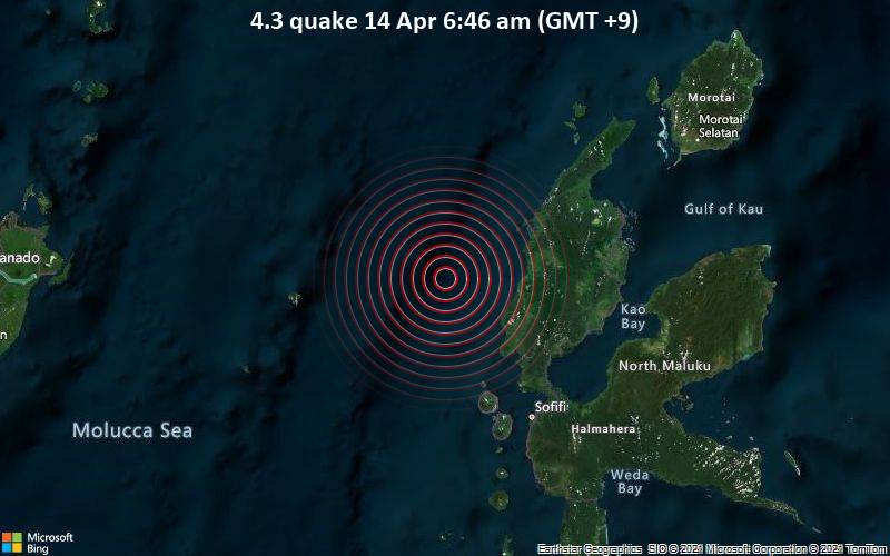 Leichtes Erdbeben Der Starke 4 2 Maluku Sea 79 Km Nordlich Von Ternate Maluku Utara Indonesien Am Dienstag 13 Apr 2021 Um 21 46 Gmt Volcanodiscovery