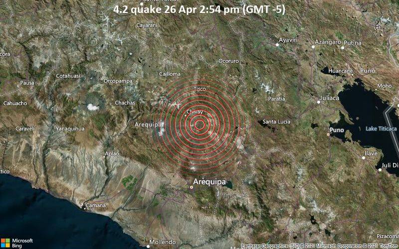 Leichtes Erdbeben der Stärke 4.2 - Provincia de Caylloma, 68 km nördlich von Cono Norte, Arequipa, Peru, am Montag, 26. Apr 2021 um 19:54 GMT