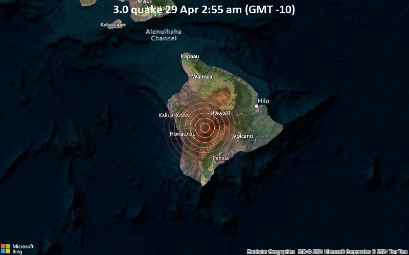 Leichtes Erdbeben der Stärke 3.0 - 33 km östlich von Holualoa, Hawaii County, USA, am Donnerstag, 29. Apr 2021 um 02:55 Lokalzeit