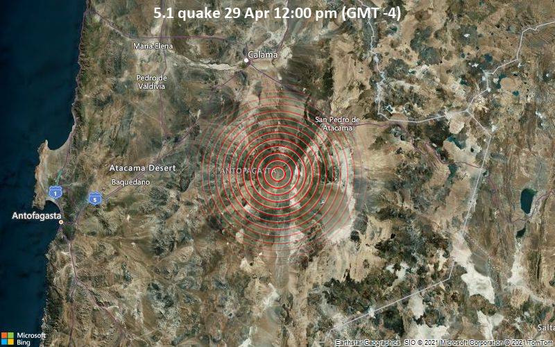 Moderates Erdbeben der Stärke 5.1 - El Loa, 94 km südlich von Calama, Provincia de El Loa, Antofagasta, Chile, am Donnerstag, 29. Apr 2021 um 16:00 GMT