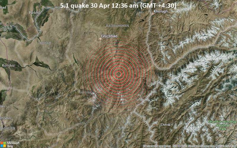 Moderates Erdbeben der Stärke 5.1 - Yamgān, 64 km südöstlich von Fayzabad, Faīẕābād, Badakhshan, Afghanistan, am Freitag, 30. Apr 2021 um 00:36 Lokalzeit