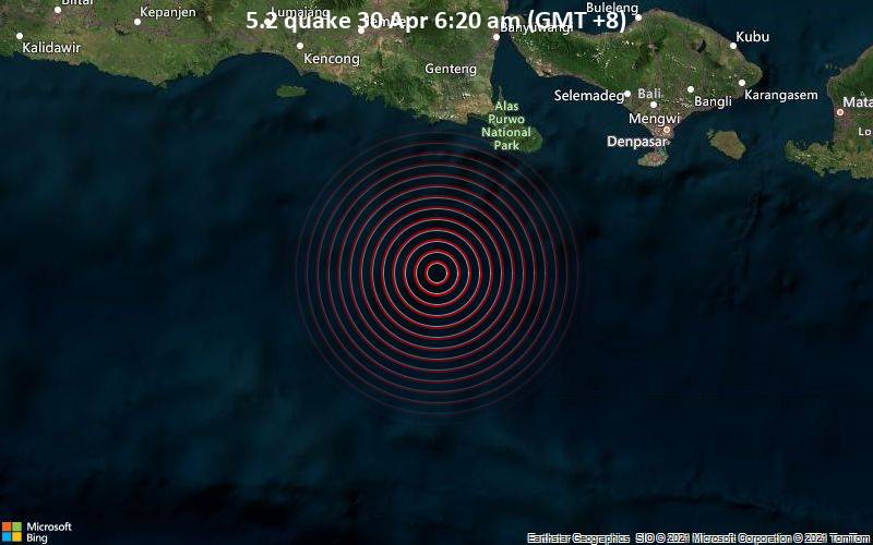 Starkes Magnitude 5.2 Erdbeben - Indischer Ozean, 150 km südwestlich von Denpasar, Bali, Indonesien, am Donnerstag, 29. Apr 2021 um 22:20 GMT