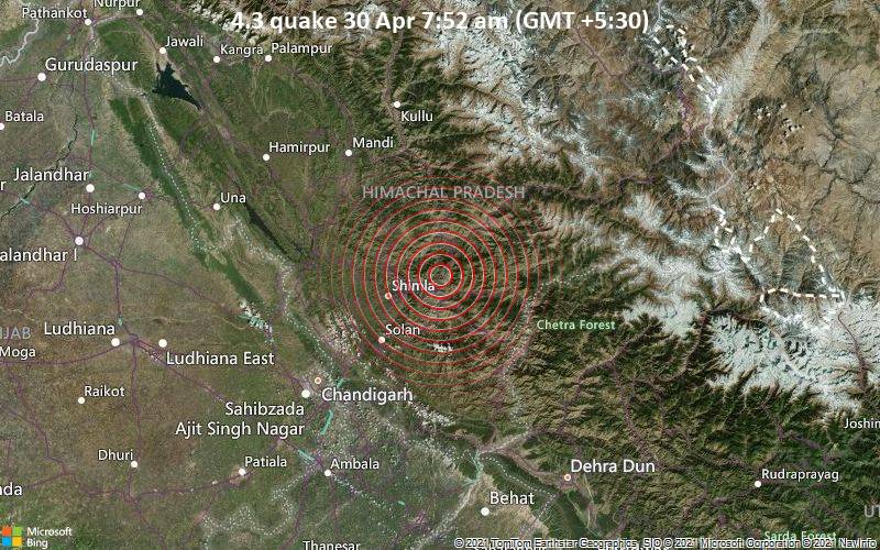 Moderates Erdbeben der Stärke 4.3 - 23 km nordöstlich von Shimla, Himachal Pradesh, Indien, am Freitag, 30. Apr 2021 um 07:52 Lokalzeit