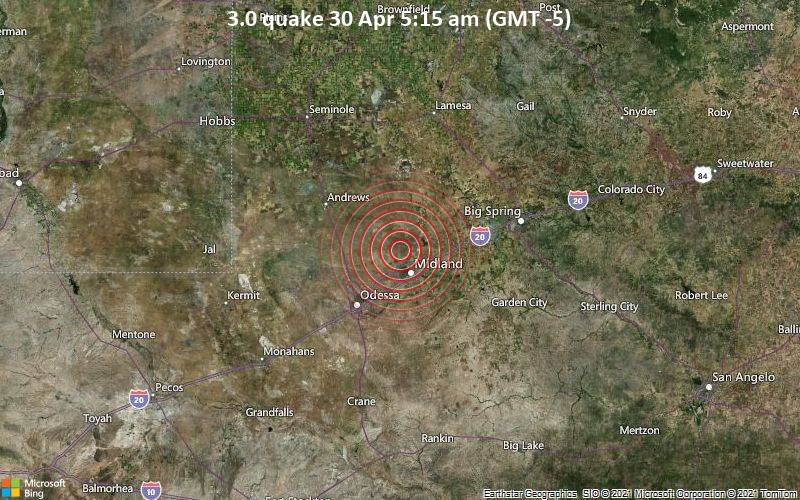 Leichtes Erdbeben der Stärke 3.0 - 13 km nordwestlich von Midland, Texas, USA, am Freitag, 30. Apr 2021 um 05:15 Lokalzeit