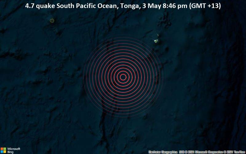 4.7 quake South Pacific Ocean, Tonga, 3 May 8:46 pm (GMT +13)