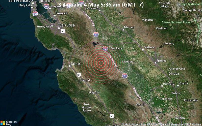Leichtes Erdbeben der Stärke 3.4 - San Benito County, 38 km südlich von Los Banos, Merced County, Kalifornien, USA, am Dienstag,  4. Mai 2021 um 05:36 Lokalzeit