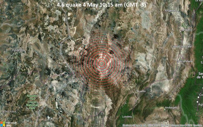 Moderates Erdbeben der Stärke 4.6 - Departamento de Tinogasta, 96 km nordwestlich von Puerta de Corral Quemado, Departamento de Belén, Catamarca, Argentinien, am Dienstag,  4. Mai 2021 um 13:15 GMT