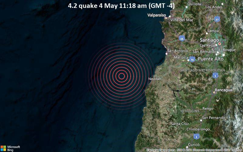 Leichtes Erdbeben der Stärke 4.2 - South Pacific Ocean, 84 km südwestlich von San Antonio, Region de Valparaiso, Chile, am Dienstag,  4. Mai 2021 um 15:18 GMT