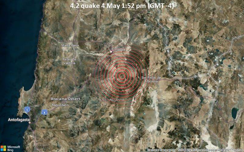 Leichtes Erdbeben der Stärke 4.2 - Provincia de Antofagasta, 48 km südöstlich von Calama, Provincia de El Loa, Antofagasta, Chile, am Dienstag,  4. Mai 2021 um 17:52 GMT