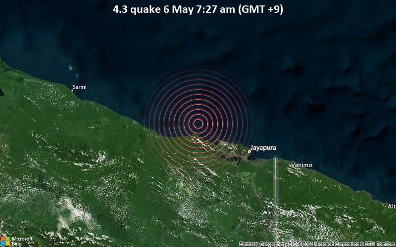 Gempa berkekuatan 4,3 skala Richter 69 km barat laut Abebura, Indonesia pada pagi hari / Volcano Discovery