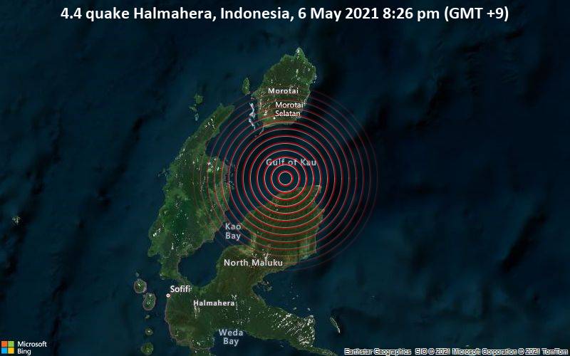 4.4 quake Halmahera, Indonesia, 6 May 2021 8:26 pm (GMT +9)