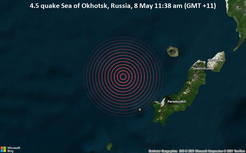 4.5 Gempa Laut Okhotsk, Rusia, 8 Mei, 11:38 (GMT +11)