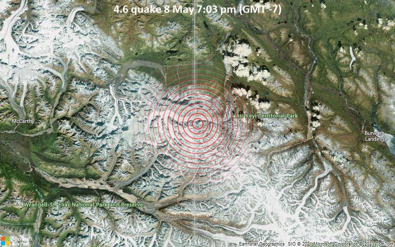 Moderates Erdbeben der Stärke 4.6 - Preliminary; 107 KM S OF BEAVER CREEK, YT, Canada, am Sonntag,  9. Mai 2021 um 02:03 GMT