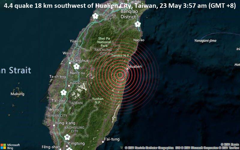4.4 quake 18 km southwest of Hualien City, Taiwan, 23 May 3:57 am (GMT +8)