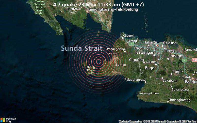 Moderates Erdbeben der Stärke 4.7 - Indischer Ozean, 39 km südwestlich von Labuan, Indonesien, am Sonntag, 23. Mai 2021 um 04:33 GMT