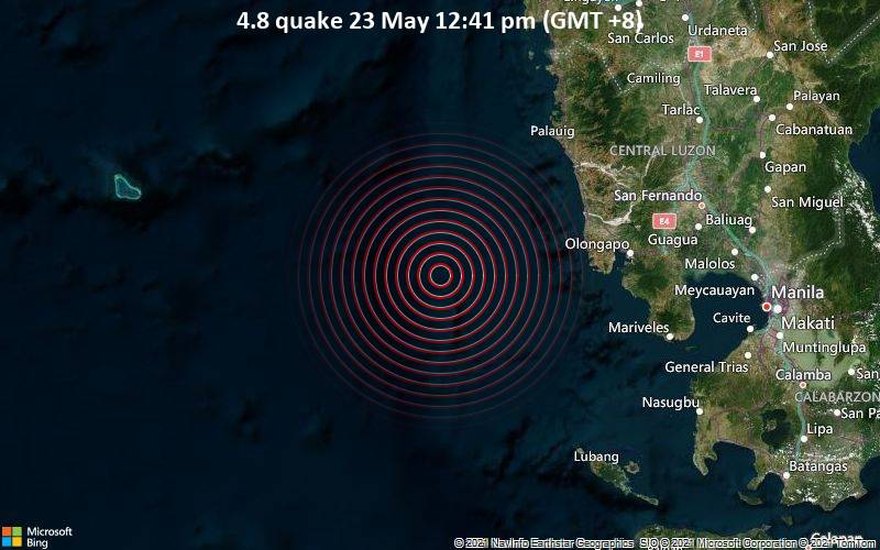 Moderates Erdbeben der Stärke 4.8 - South China Sea, 97 km westlich von Subic, Philippinen, am Sonntag, 23. Mai 2021 um 04:41 GMT