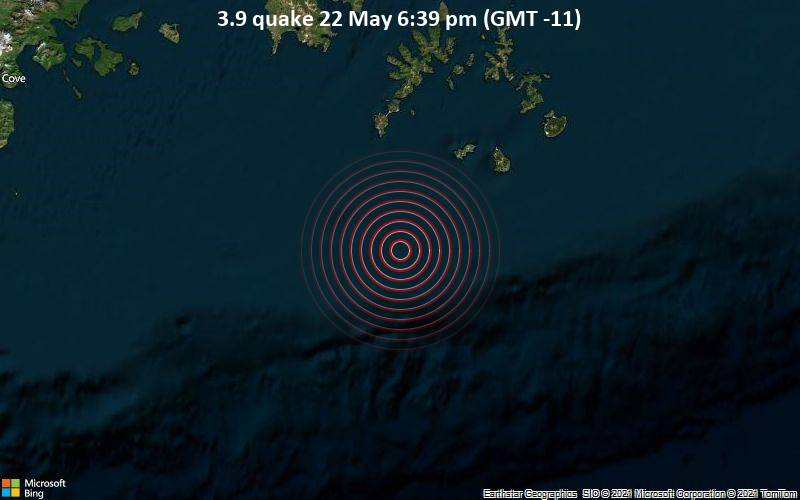 Leichtes Erdbeben der Stärke 3.9 - Gulf of Alaska, 95 km südlich von Sand Point, Aleutians East, Alaska, USA, am Samstag, 22. Mai 2021 um 18:39 Lokalzeit