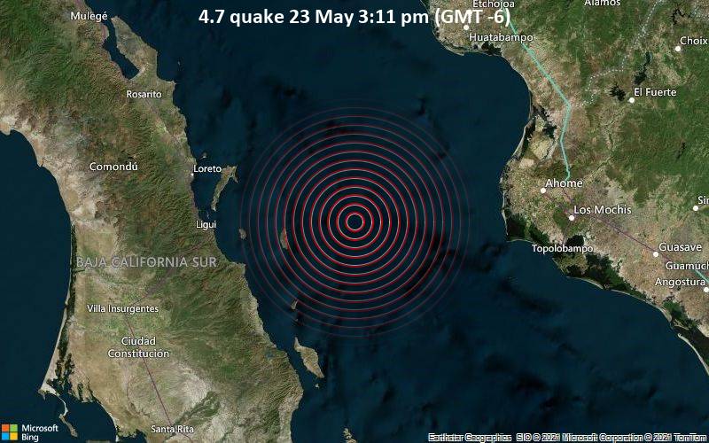 Moderates Erdbeben der Stärke 4.7 - Gulf of California, 134 km westlich von Los Mochis, Ahome, Sinaloa, Mexiko, am Sonntag, 23. Mai 2021 um 15:11 Lokalzeit