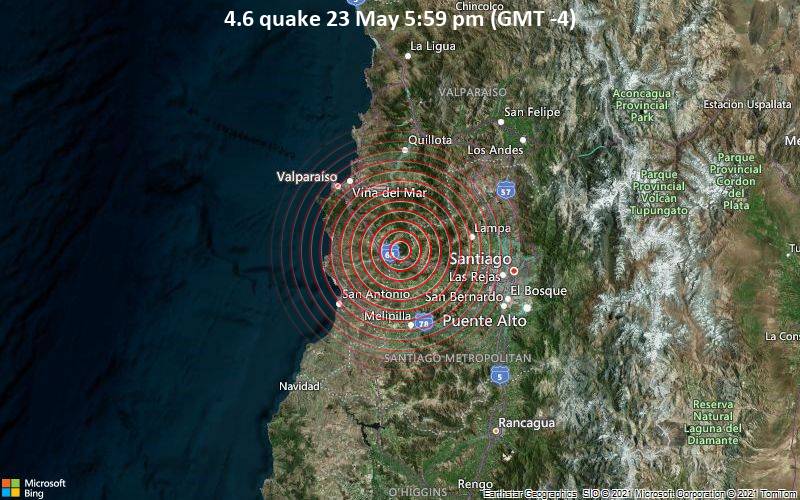 Leichtes Erdbeben der Stärke 4.6 - Provincia de Melipilla, Santiago Metropolitan, 47 km südöstlich von Valparaíso, Provincia de Valparaiso, Region de Valparaiso, Chile, am Sonntag, 23. Mai 2021 um 21:59 GMT