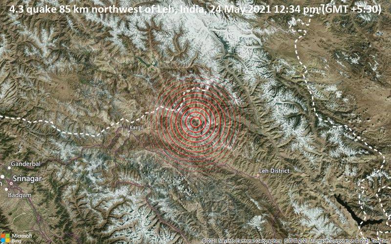 Leichtes Erdbeben der Stärke 4.3 - 85 km nordwestlich von Leh, Indien, am Montag, 24. Mai 2021 um 12:34 Lokalzeit