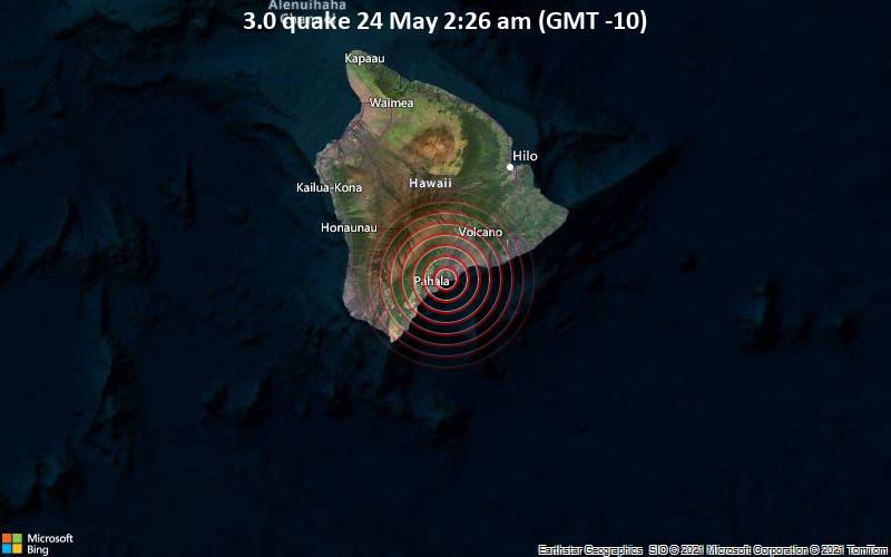 Schwaches Erdbeben Stärke 3.0 - 67 km südwestlich von Hilo, Hawaii County, USA, am Montag, 24. Mai 2021 um 02:26 Lokalzeit