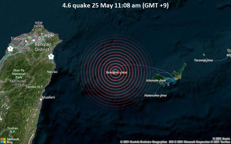 Quake Info Moderate Mag 4 6 Earthquake 1 3 Km Southeast Of Yonakuni Yaeyama Gun Okinawa Japan On 25 May 11 08 Am Gmt 9 Volcanodiscovery