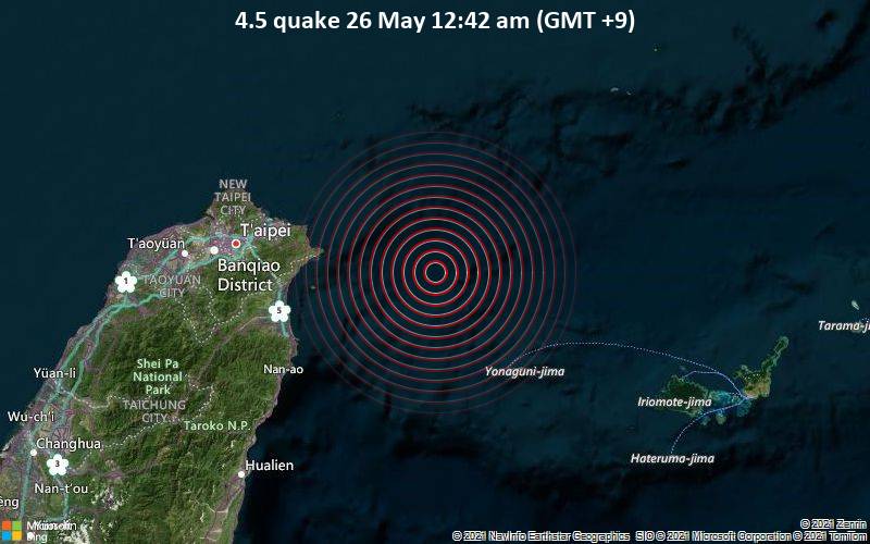 Quake Info Moderate Mag 4 5 Earthquake East China Sea Japan 87 Km East Of Keelung Taiwan On 26 May 12 42 Am Gmt 9 1 User Experience Report Volcanodiscovery