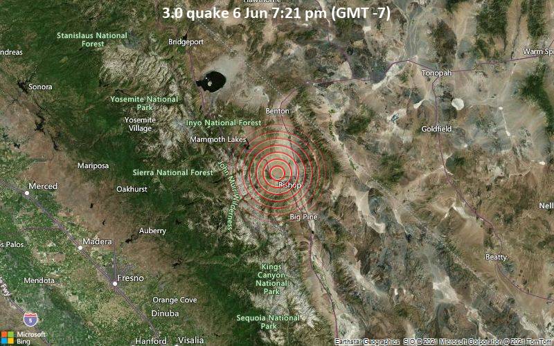 Leichtes Erdbeben der Stärke 3.0 - 9.2 km nordwestlich von West Bishop, Inyo County, Kalifornien, USA, am Sonntag,  6. Jun 2021 um 19:21 Lokalzeit