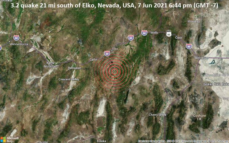 Leichtes Erdbeben der Stärke 3.2 - 33 km südlich von Elko, Nevada, USA, am Montag,  7. Jun 2021 um 18:44 Lokalzeit