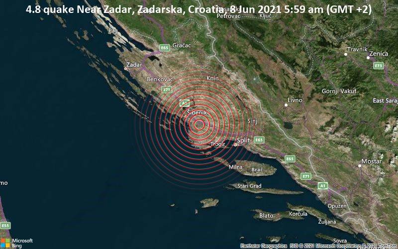Moderates Erdbeben der Stärke 4.8 - Near Zadar, Zadarska, Croatia, am Dienstag,  8. Jun 2021 um 05:59 Lokalzeit