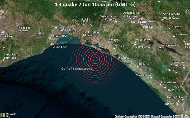 Leichtes Erdbeben der Stärke 4.3 - Nordpazifik, 54 km südwestlich von Tonala, Chiapas, Mexiko, am Montag,  7. Jun 2021 um 22:55 Lokalzeit