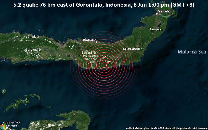 Moderates Erdbeben der Stärke 5.2 - 76 km östlich von Gorontalo, Indonesien, am Dienstag,  8. Jun 2021 um 05:00 GMT