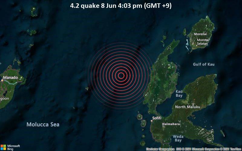 Leichtes Erdbeben der Stärke 4.2 - Molucca Sea, 96 km nordwestlich von Ternate, North Maluku, Indonesien, am Dienstag,  8. Jun 2021 um 07:03 GMT