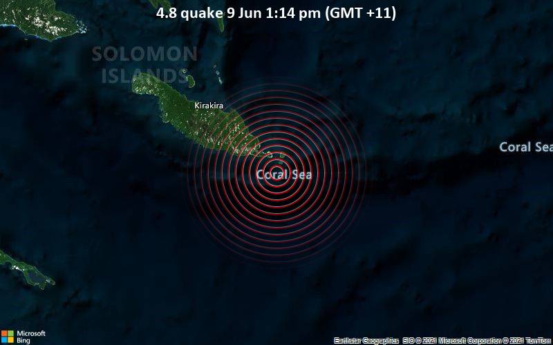 Leichtes Erdbeben der Stärke 4.8 - Korallen Meer, 79 km südöstlich von Kirakira, Salomonen, am Mittwoch,  9. Jun 2021 um 02:14 GMT