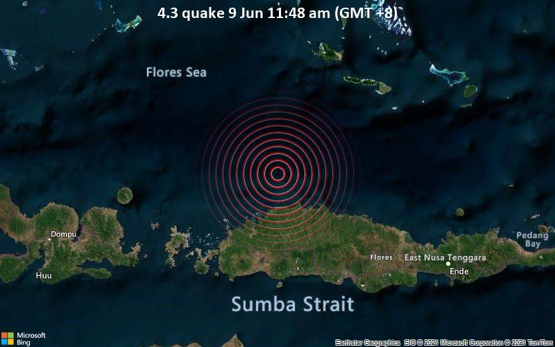 Moderates Erdbeben der Stärke 4.3 - Flores Sea, 68 km nordöstlich von Labuan Bajo, East Nusa Tenggara, Indonesien, am Mittwoch,  9. Jun 2021 um 03:48 GMT