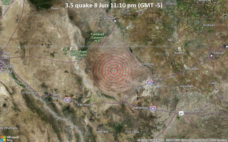 Leichtes Erdbeben der Stärke 3.5 - Culberson County, Texas, 91 km südlich von Carlsbad, Eddy County, New Mexico, USA, am Dienstag,  8. Jun 2021 um 23:10 Lokalzeit