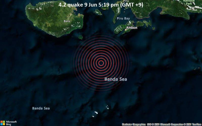 Moderates Erdbeben der Stärke 4.2 - Banda Sea, 101 km südwestlich von Ambon, Maluku, Indonesien, am Mittwoch,  9. Jun 2021 um 08:19 GMT