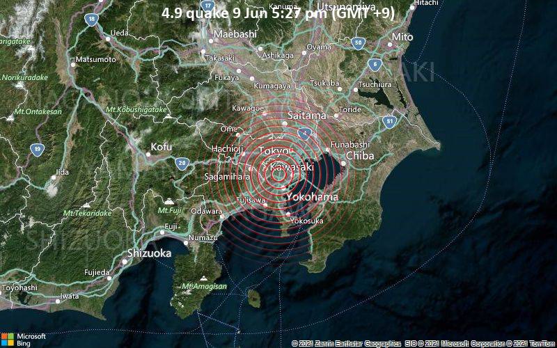 Leichtes Erdbeben der Stärke 4.9 - Yokohama, Präfektur Kanagawa, 19 km südwestlich von Tokio, Tokyo, Japan, am Mittwoch,  9. Jun 2021 um 17:27 Lokalzeit