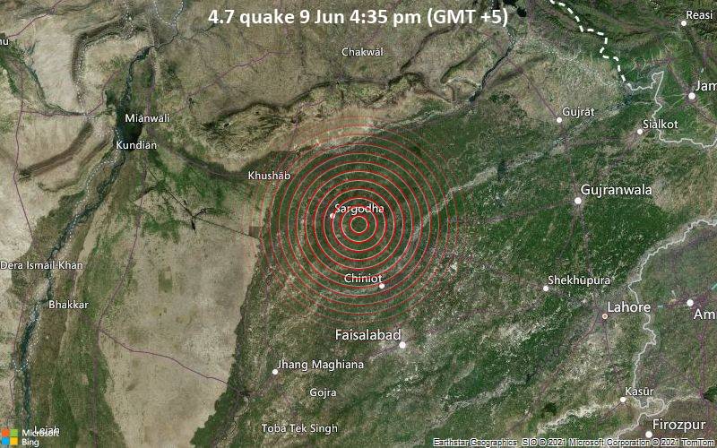 Leichtes Erdbeben der Stärke 4.7 - 16 km östlich von Sargodha, Punjab, Pakistan, am Mittwoch,  9. Jun 2021 um 16:35 Lokalzeit