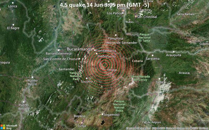 An earthquake measuring 4.5 on the Richter scale struck 49 km southeast of Bucaramanga, Colombia, in the early afternoon / VolcanoDiscovery