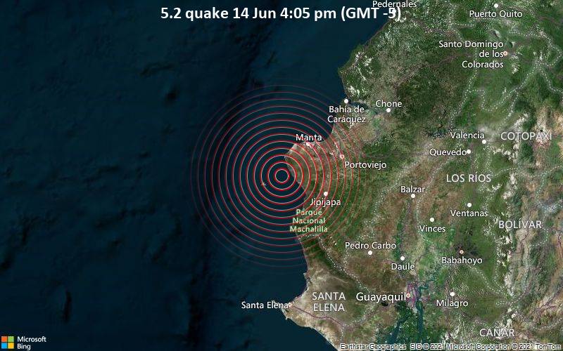 Starkes Magnitude 5.2 Erdbeben - South Pacific Ocean, 37 km südwestlich von Manta, Provincia de Manabi, Ecuador, am Montag, 14. Jun 2021 um 16:05 Lokalzeit