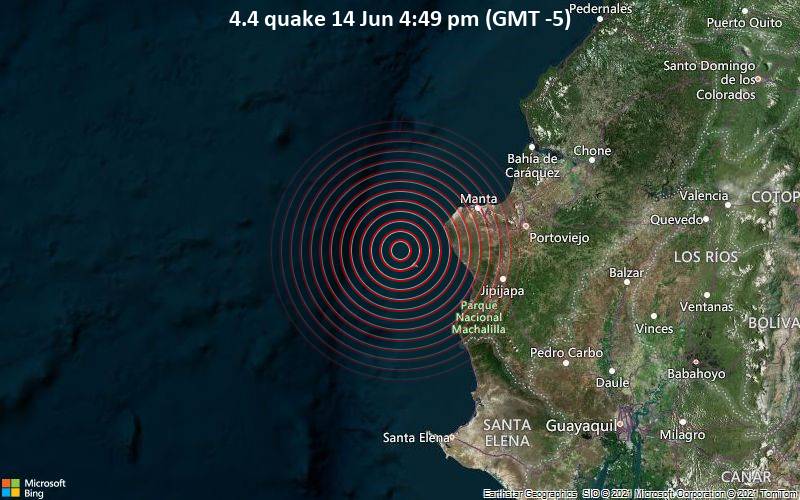 Moderates Erdbeben der Stärke 4.4 - South Pacific Ocean, 55 km südwestlich von Manta, Provincia de Manabi, Ecuador, am Montag, 14. Jun 2021 um 16:49 Lokalzeit