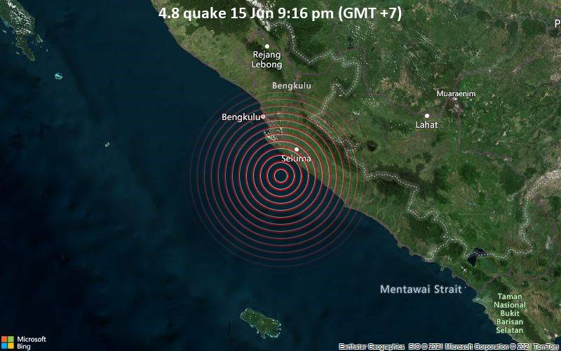 Moderates Erdbeben der Stärke 4.8 - Indischer Ozean, 52 km südlich von Bengkulu, Indonesien, am Dienstag, 15. Jun 2021 um 14:16 GMT