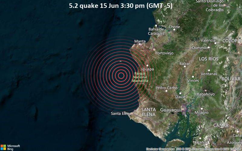 Starkes Magnitude 5.2 Erdbeben - South Pacific Ocean, 86 km südwestlich von Portoviejo, Ecuador, am Dienstag, 15. Jun 2021 um 15:30 Lokalzeit