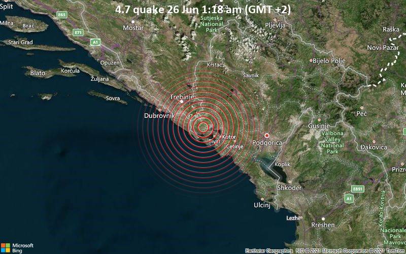 Moderates Erdbeben der Stärke 4.7 - Herceg Novi, 57 km westlich von Podgorica, Montenegro, am Freitag, 25. Jun 2021 um 23:18 GMT