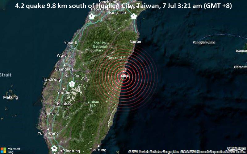4.2 quake 9.8 km south of Hualien City, Taiwan, 7 Jul 3:21 am (GMT +8)