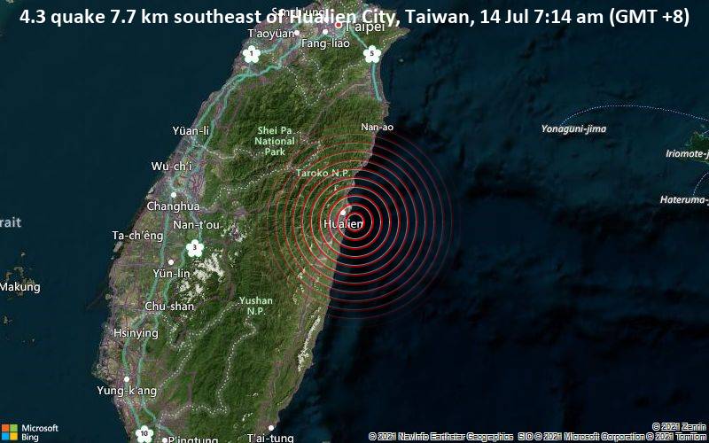 4.3 quake 7.7 km southeast of Hualien City, Taiwan, 14 Jul 7:14 am (GMT +8)