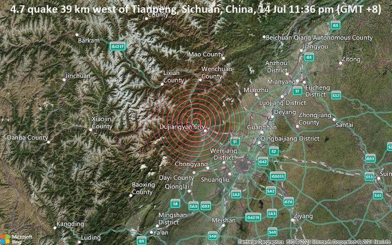 4.7 quake 39 km west of Tianpeng, Sichuan, China, 14 Jul 11:36 pm (GMT +8)