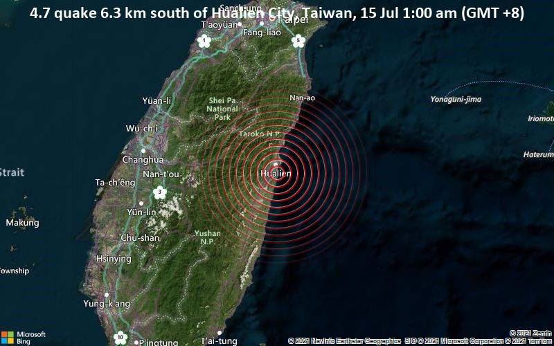 4.7 quake 6.3 km south of Hualien City, Taiwan, 15 Jul 1:00 am (GMT +8)